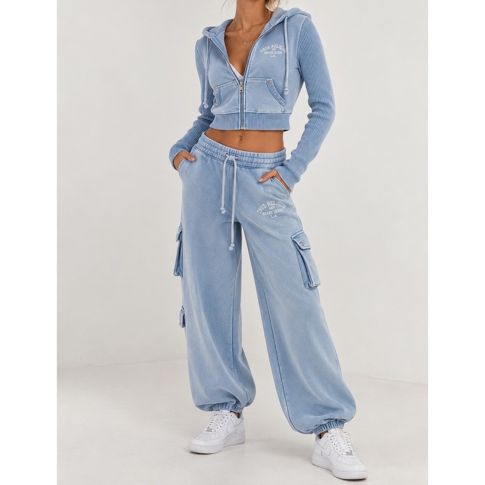 True Religion Big T Baggy Cargo Jogger Blue Rhinestone Joggers Set Small